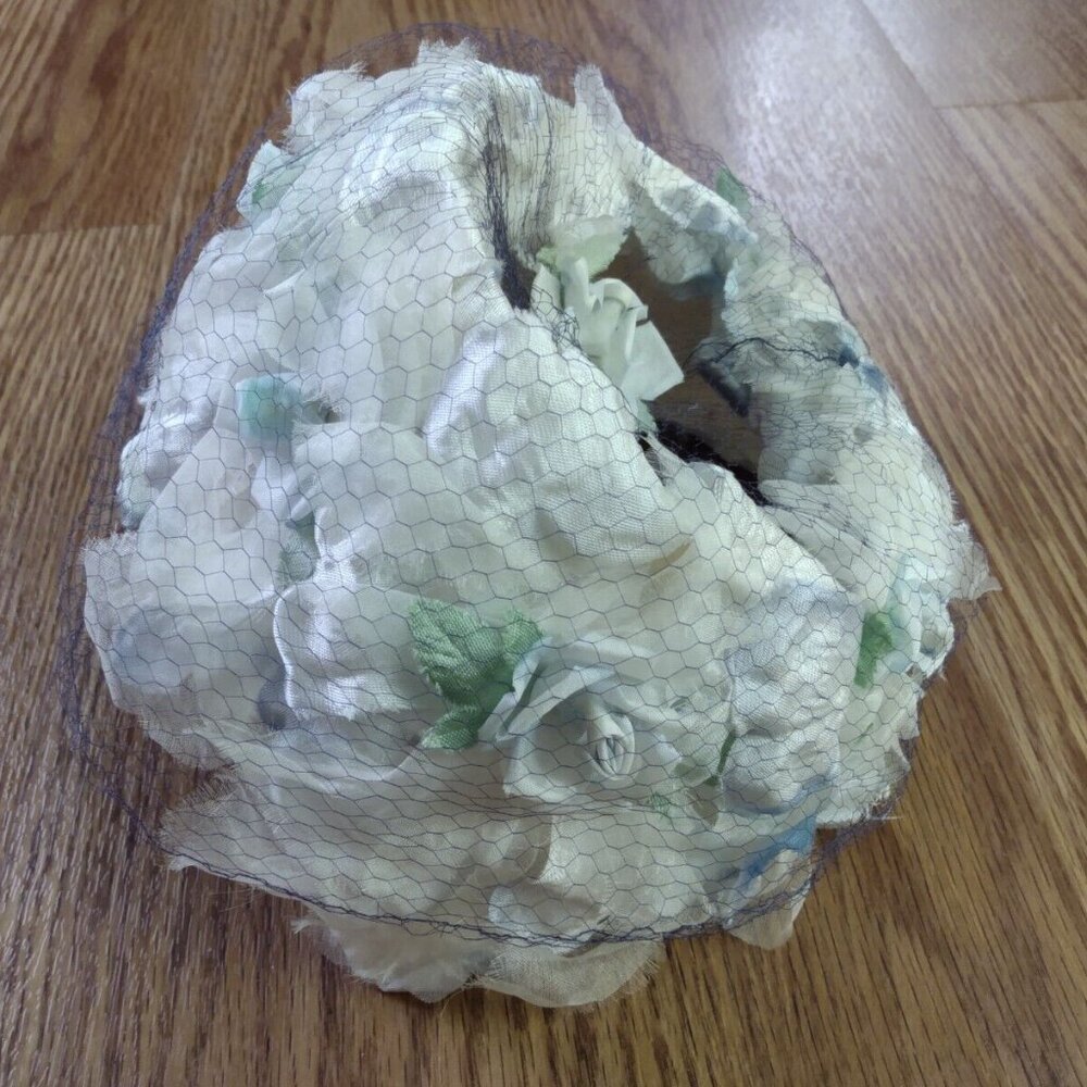 Vintage Flower Petal Hat Fluffy Crown Bonnet White Pale Blue Roses and Netting